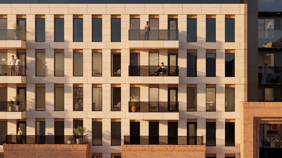 Facade detail — pale grid and recessed balconies