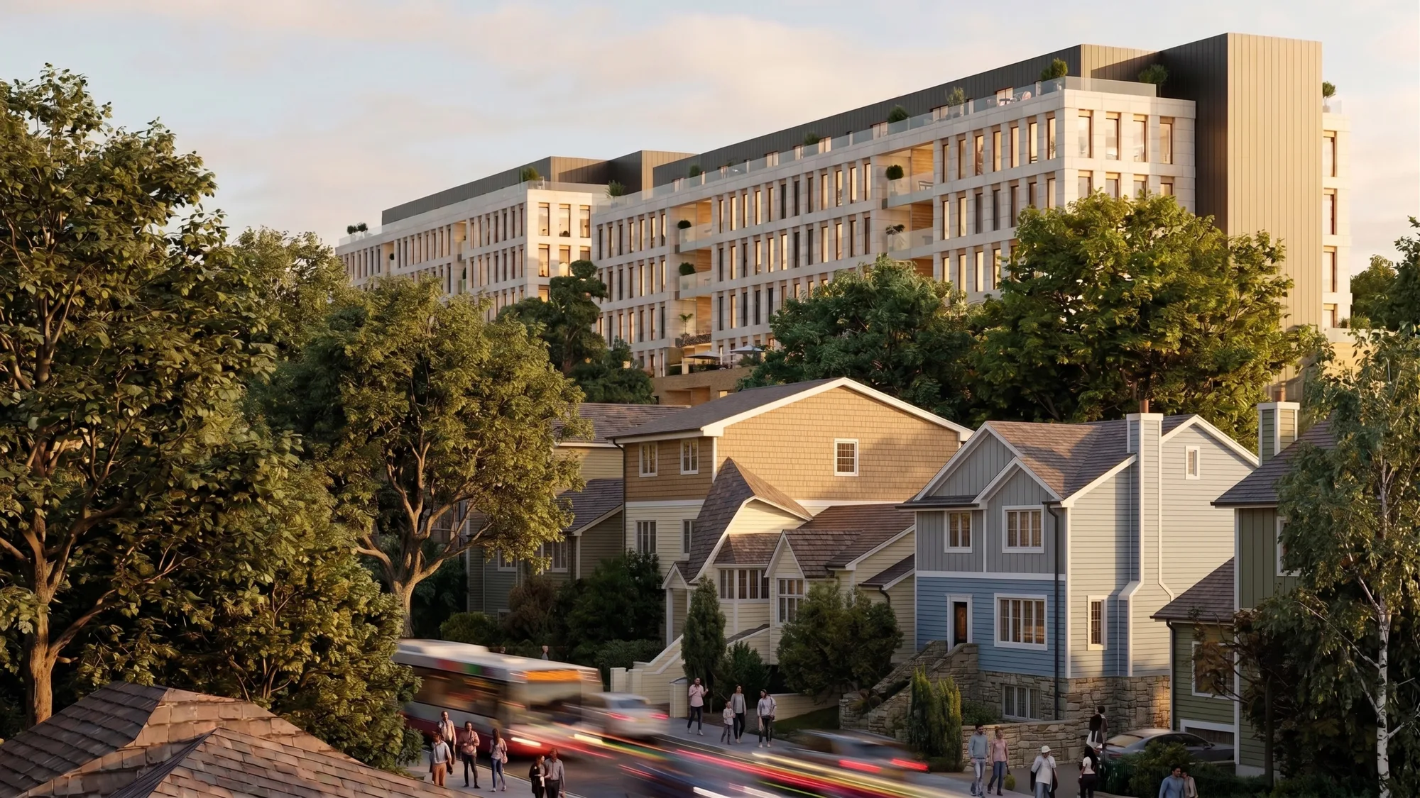 The Gateway rising above the treed residential streets of west-end Halifax